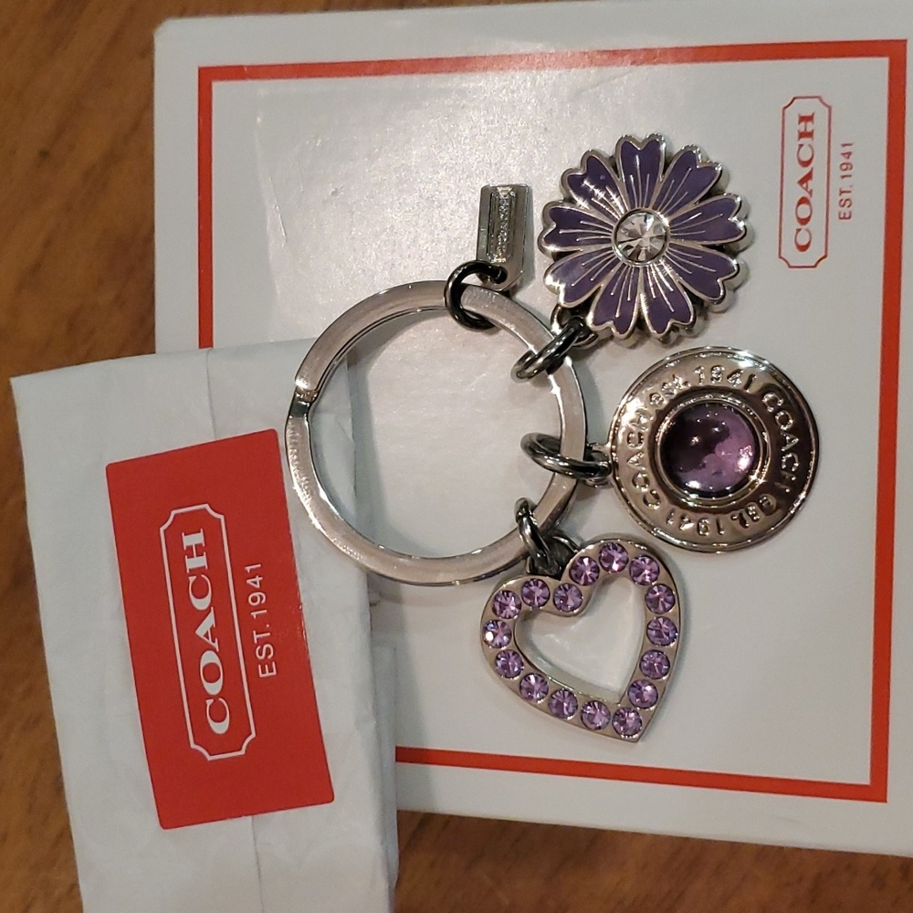 New Coach Keychain with Heart, Flower, & Coach Emblem with purple rhinestones